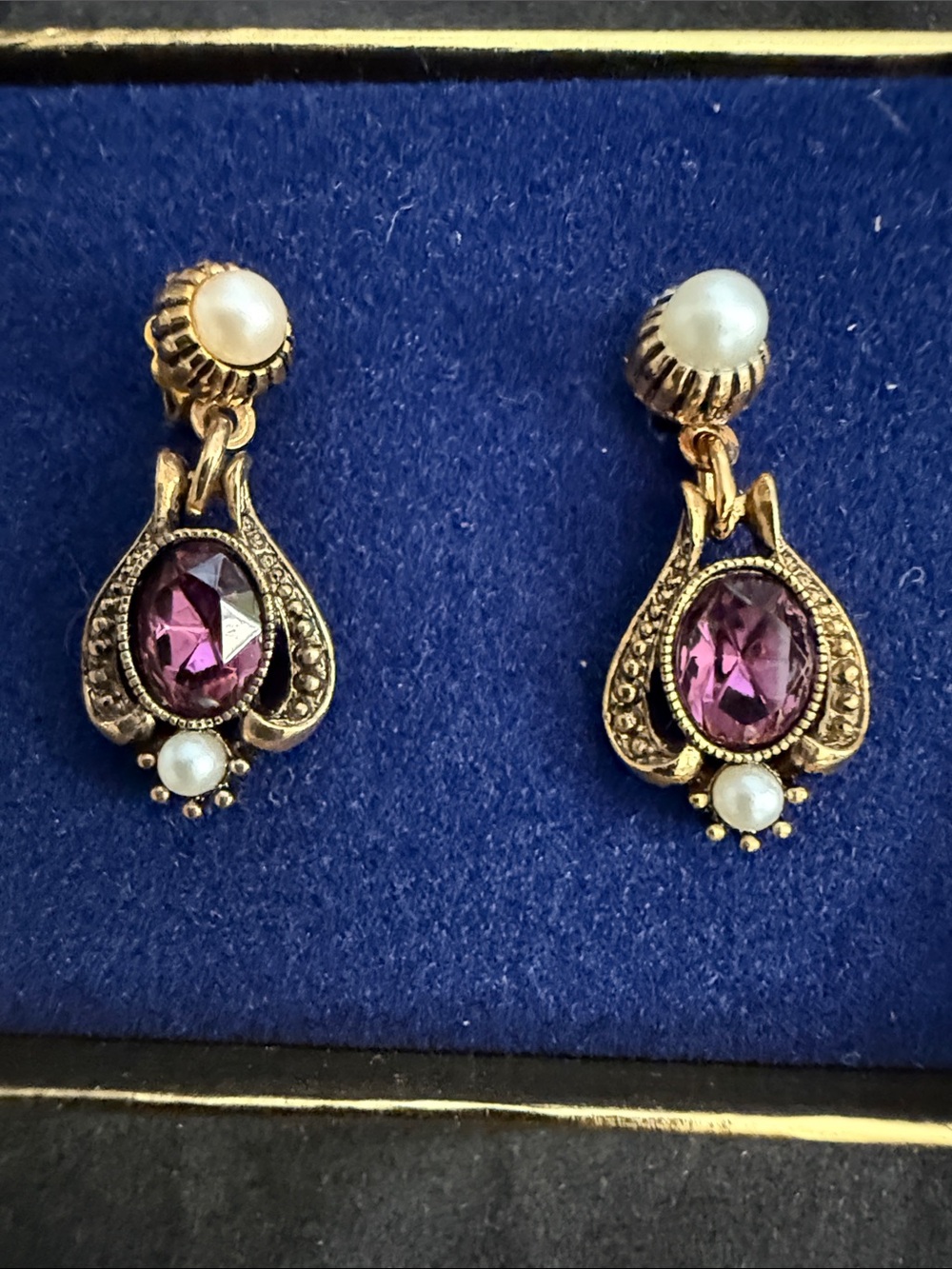 Vintage-Inspired Gold Earrings with Amethyst Gemstones and Pearl Accents